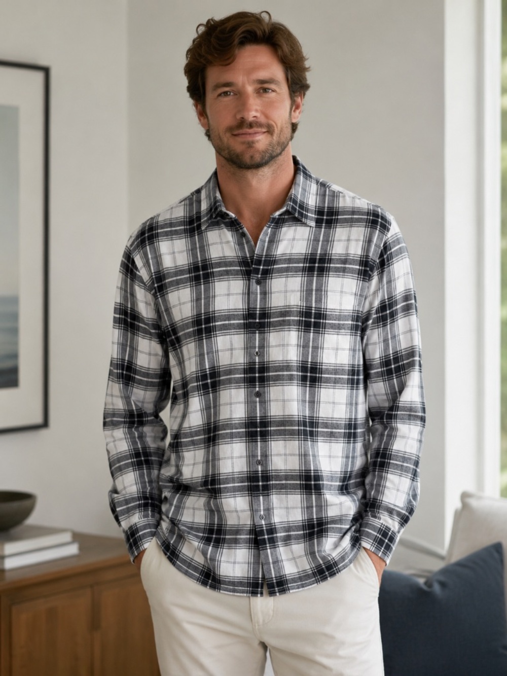 Peter Millar Men’s L Black Gray Plaid Cotton Button Down Shirt Long Sleeve